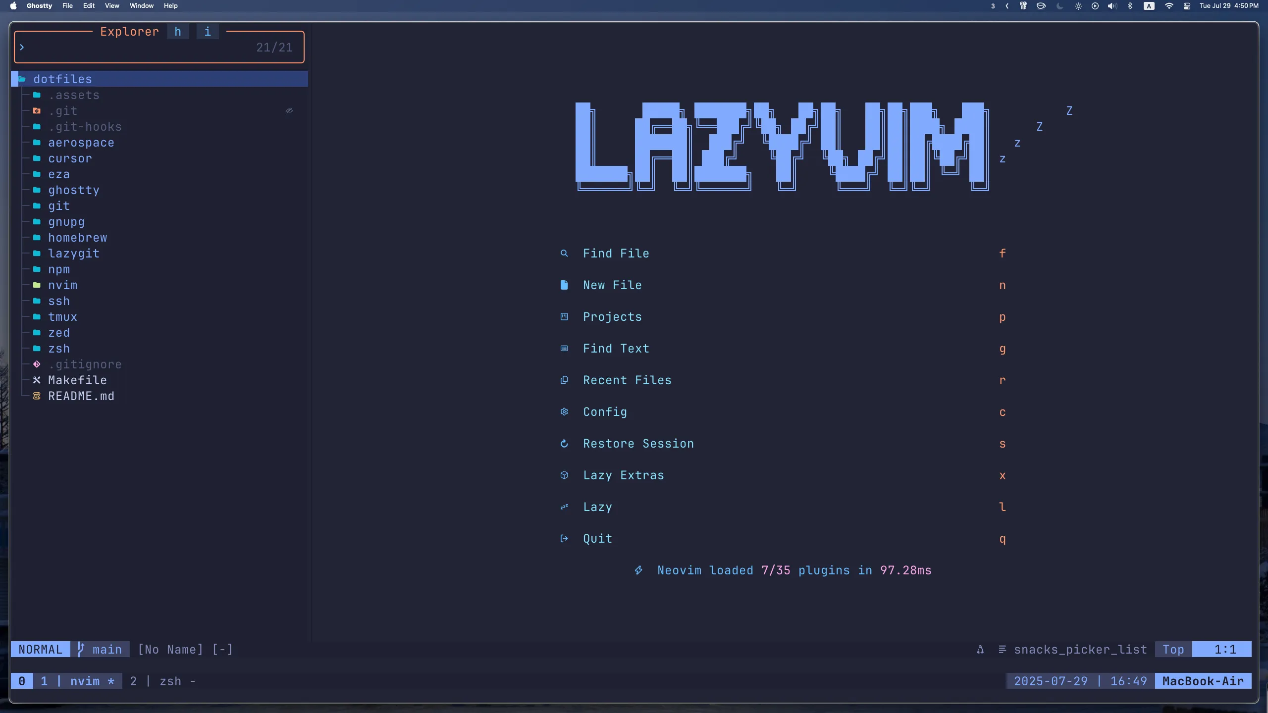 Post cover: LazyVim start screen using the TokyoNight theme, showing a minimal dotfiles setup with the file explorer and dashboard options.